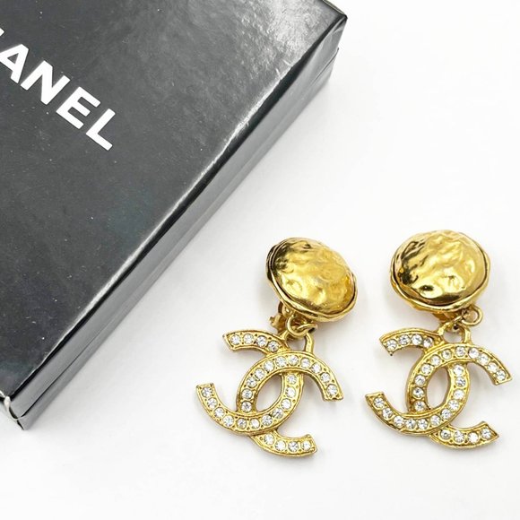 Chanel Vintage Gold Plated Round Texture CC Crystal Dangle Clip on Earrings - Picture 2 of 5